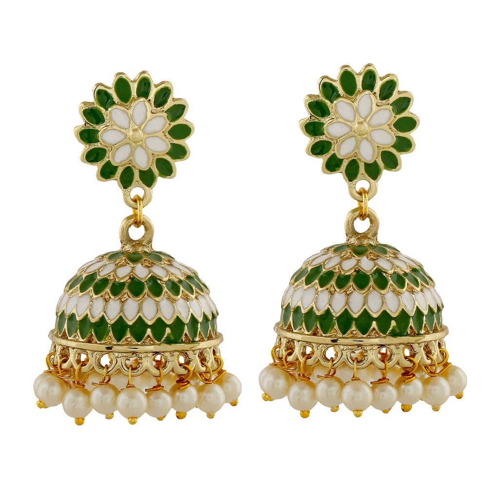 Estele Gold Tone Traditional Green Meenakari Jhumki Earrings With Pearls For Women : 798701-IG-CER