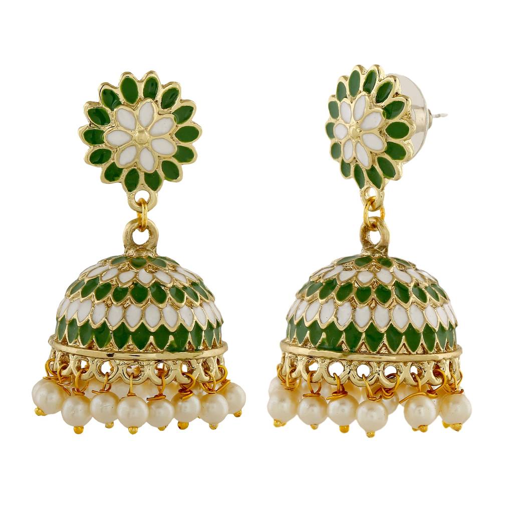 Estele Gold Tone Traditional Green Meenakari Jhumki Earrings With Pearls For Women : 798701-IG-CER