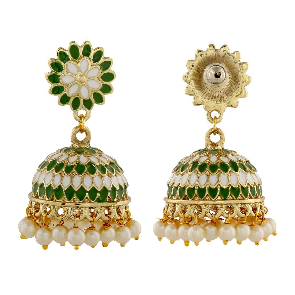 Estele Gold Tone Traditional Green Meenakari Jhumki Earrings With Pearls For Women : 798701-IG-CER