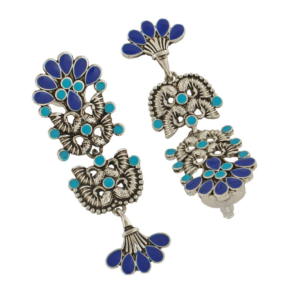 Estele Rhodium Plated Oxidised Multi-Color Meenakari Drop Earrings For Women : 751708-IR-AER