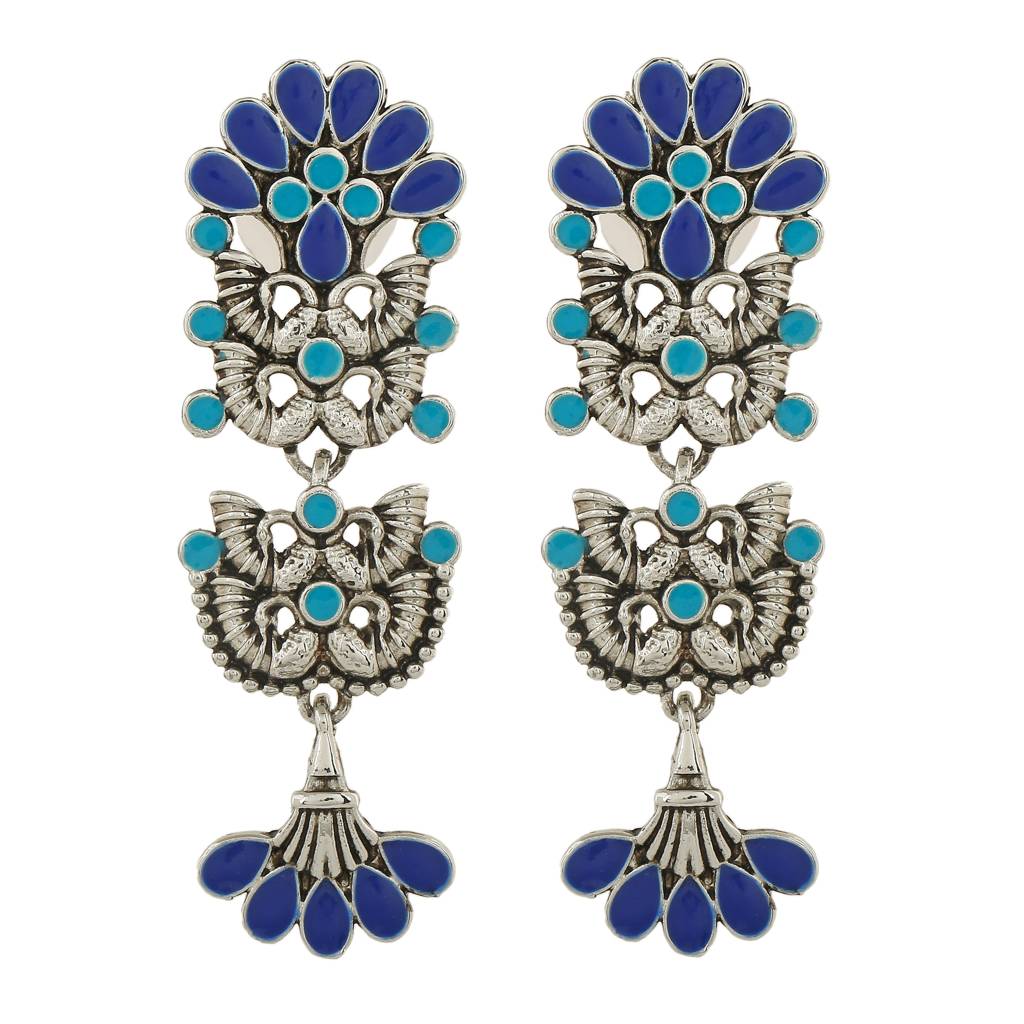 Estele Rhodium Plated Oxidised Multi-Color Meenakari Drop Earrings For Women : 751708-IR-AER