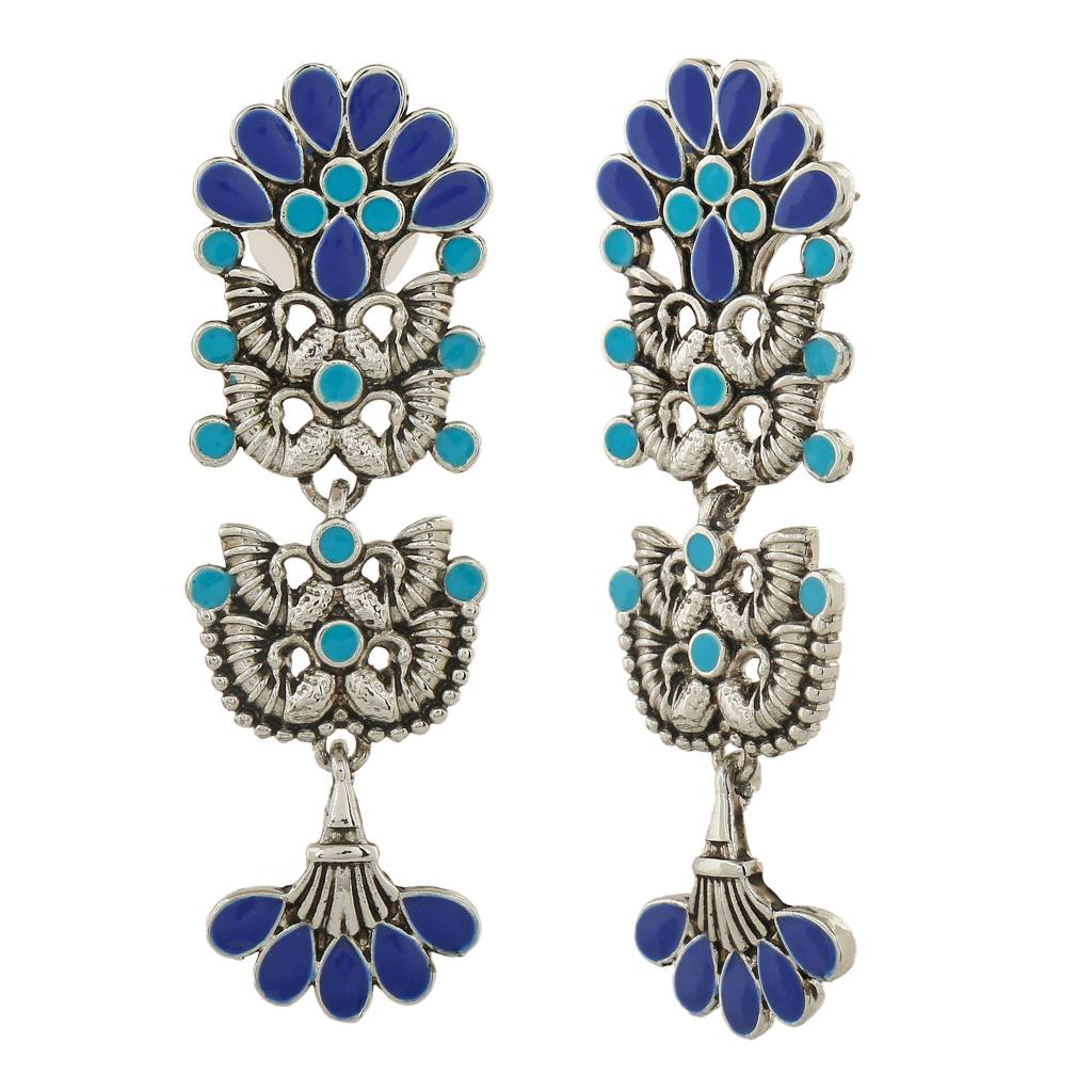 Estele Rhodium Plated Oxidised Multi-Color Meenakari Drop Earrings For Women : 751708-IR-AER