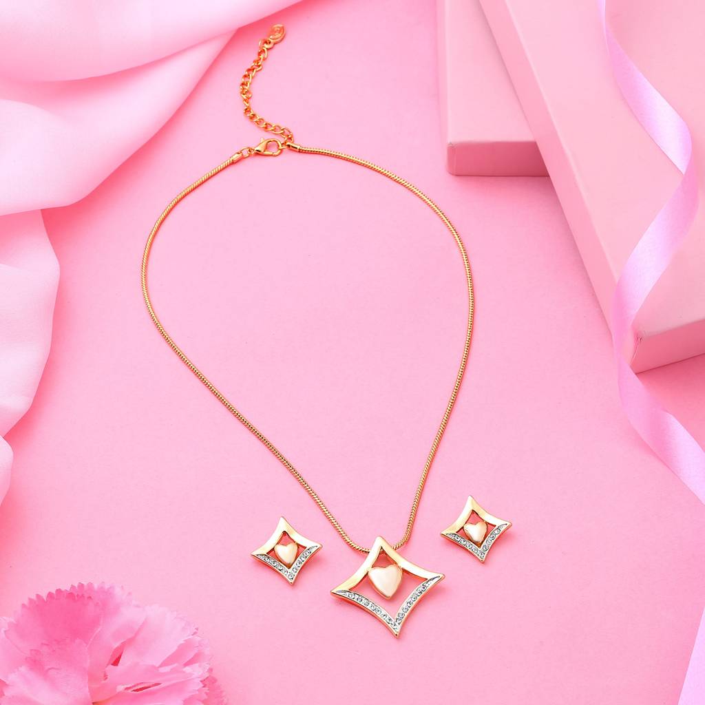 Estele Gold Plated Diamond Heart Designer Necklace Set With Crystals For Women : 7736NKER