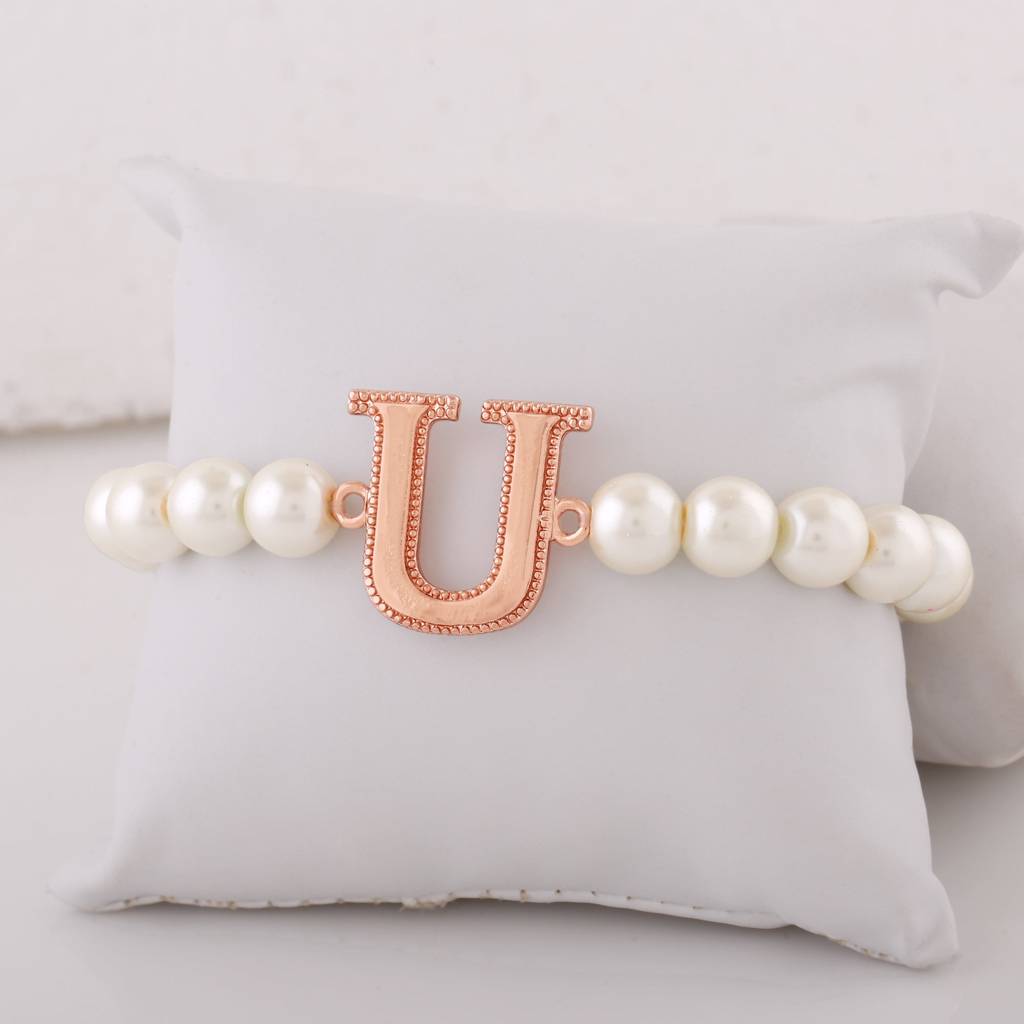 Estele Rosegold Plated Unique "U" Letter Pearl Bracelet For Women : 102168-U-RGBR