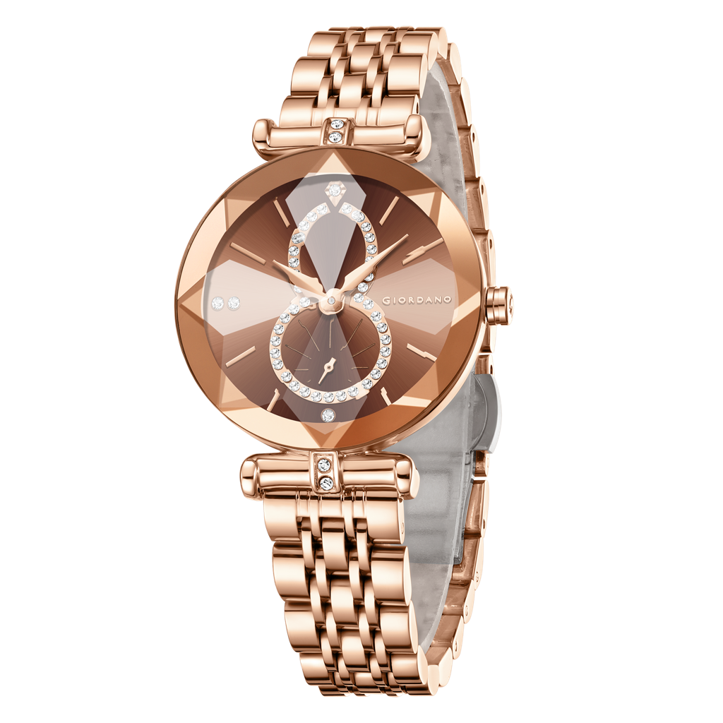 Giordano Luxury Watch For Women Â Round Diamond Cut Glass Dial, Elegant Stainless Steel Strap With Quartz Move : GZ-60092-33