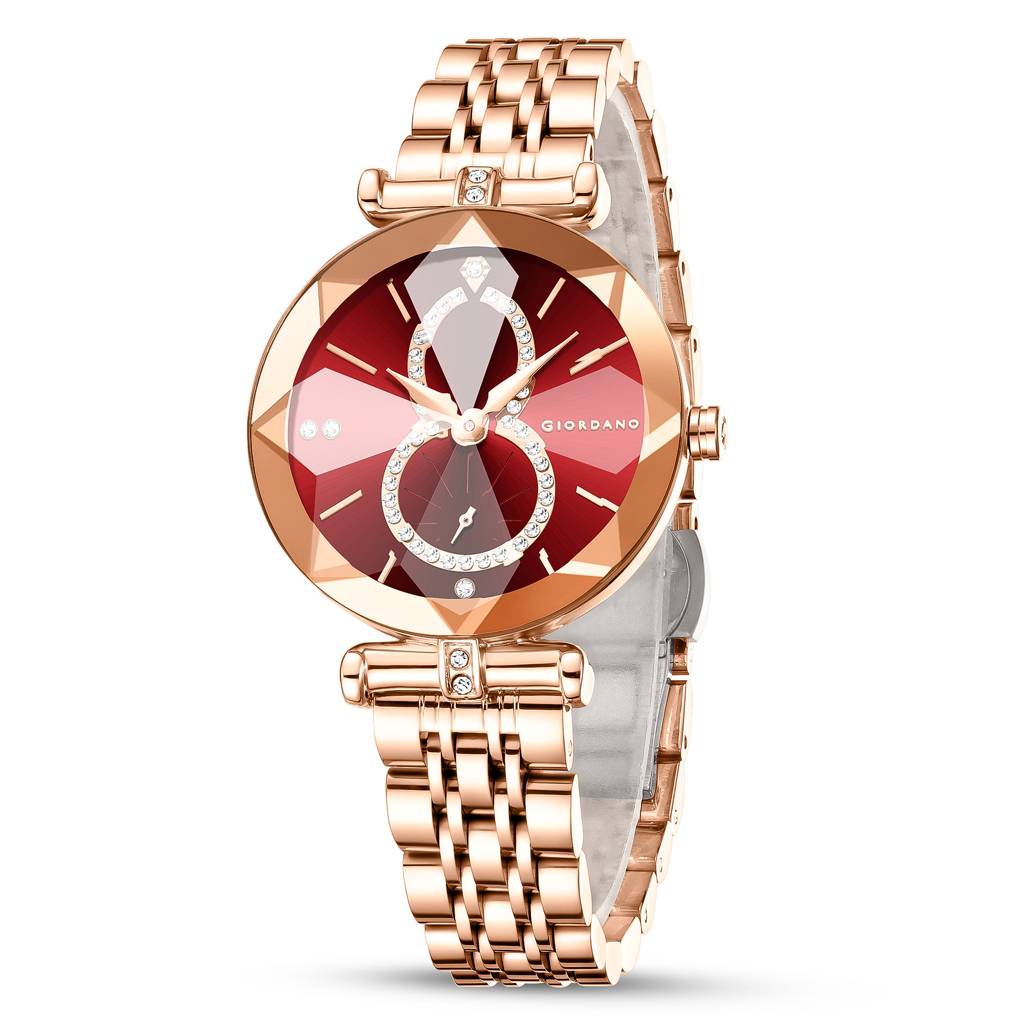 Giordano Luxury Watch For Women Â Round Diamond Cut Glass Dial, Elegant Stainless Steel Strap With Quartz Move : GZ-60092-22