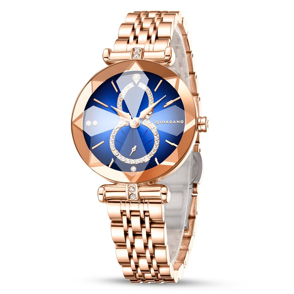 Giordano Luxury Watch For Women Â Round Diamond Cut Glass Dial, Elegant Stainless Steel Strap With Quartz Move : GZ-60092-11