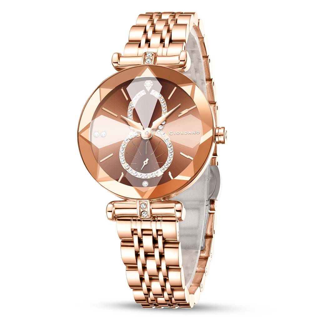 Giordano Luxury Watch For Women Â Round Diamond Cut Glass Dial, Elegant Stainless Steel Strap With Quartz Move : GZ-60092-33