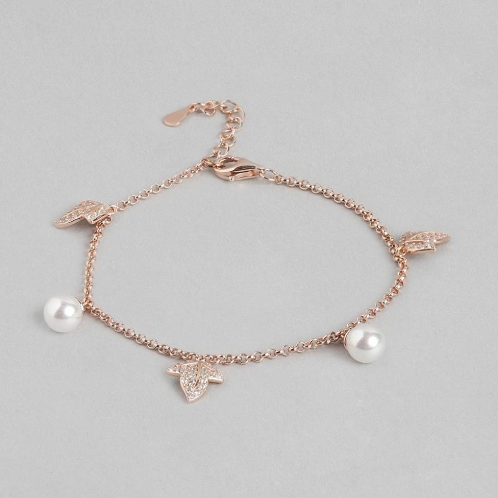 Twinkling Leaves And Cute Pearls Charm 925 Silver Bracelet : BR-80003