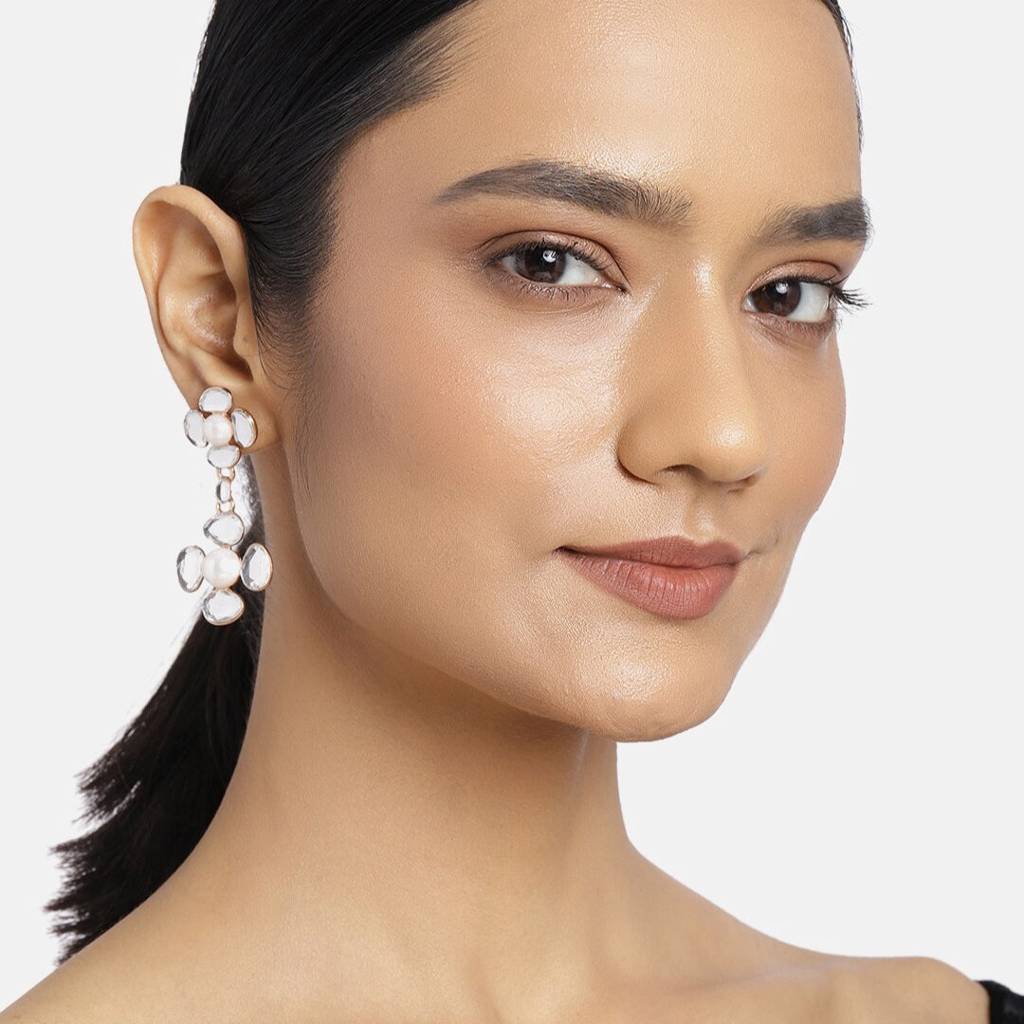 Estele Gold Plated Two Flower Kundan Drop Party Wear Earrings For Women : 727709-IGER