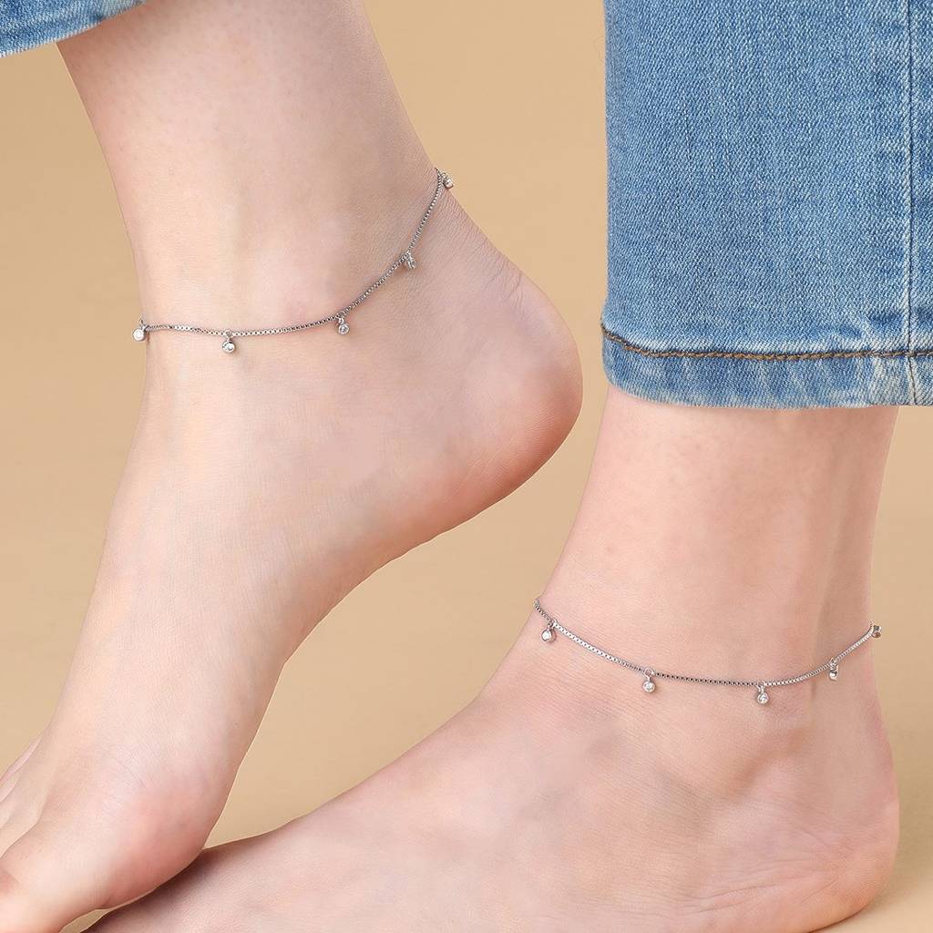 Zavya Drop Rhodium Plated 925 Sterling Silver Anklet : ANK-60104-PAIR