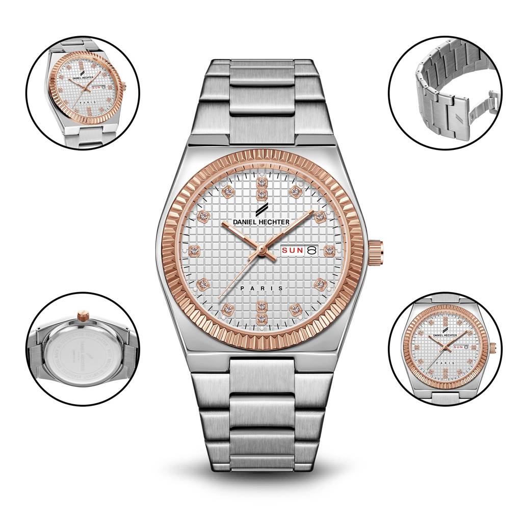 Daniel Hechter Hoche Collection Classic Analog Watch For Men – Textured Dial,Crystal Indices With Fluted Bezel, D : DHM1027-22