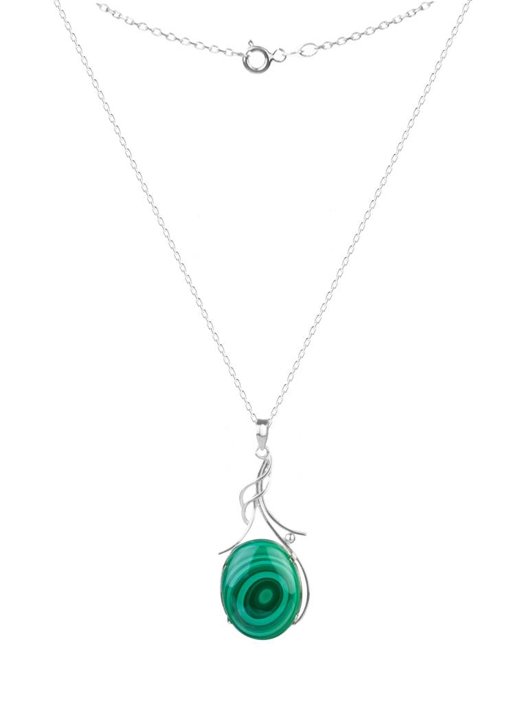 925 Sterling Silver Malachite Pendant With 18 Inch Chain Handmade Gemstone Necklace For Women Elegant Jewelry : FU-0819
