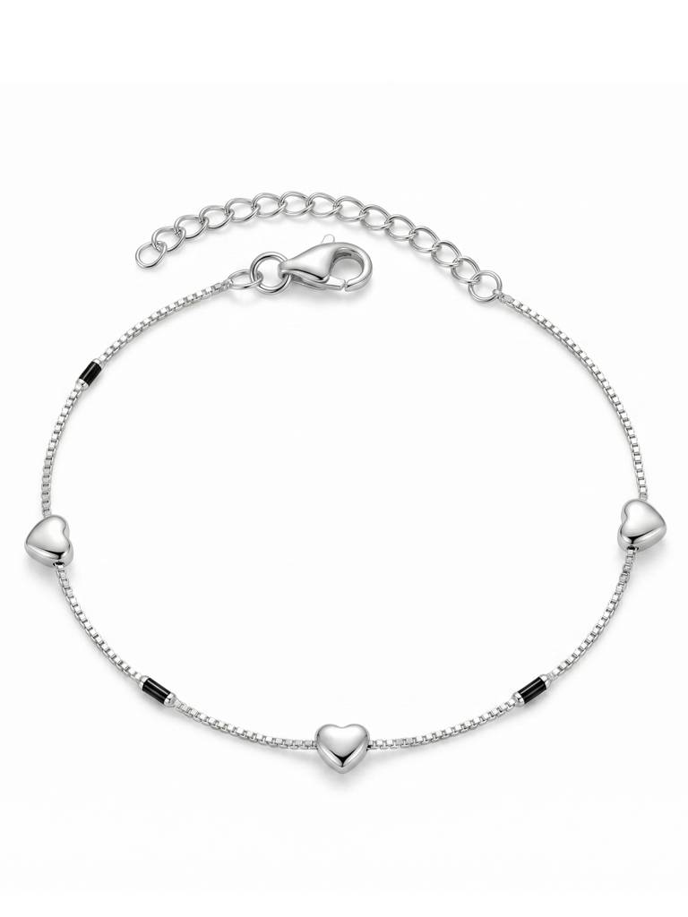The Amour Silver Heart & Black Bar Box Chain Anklet : AK1120