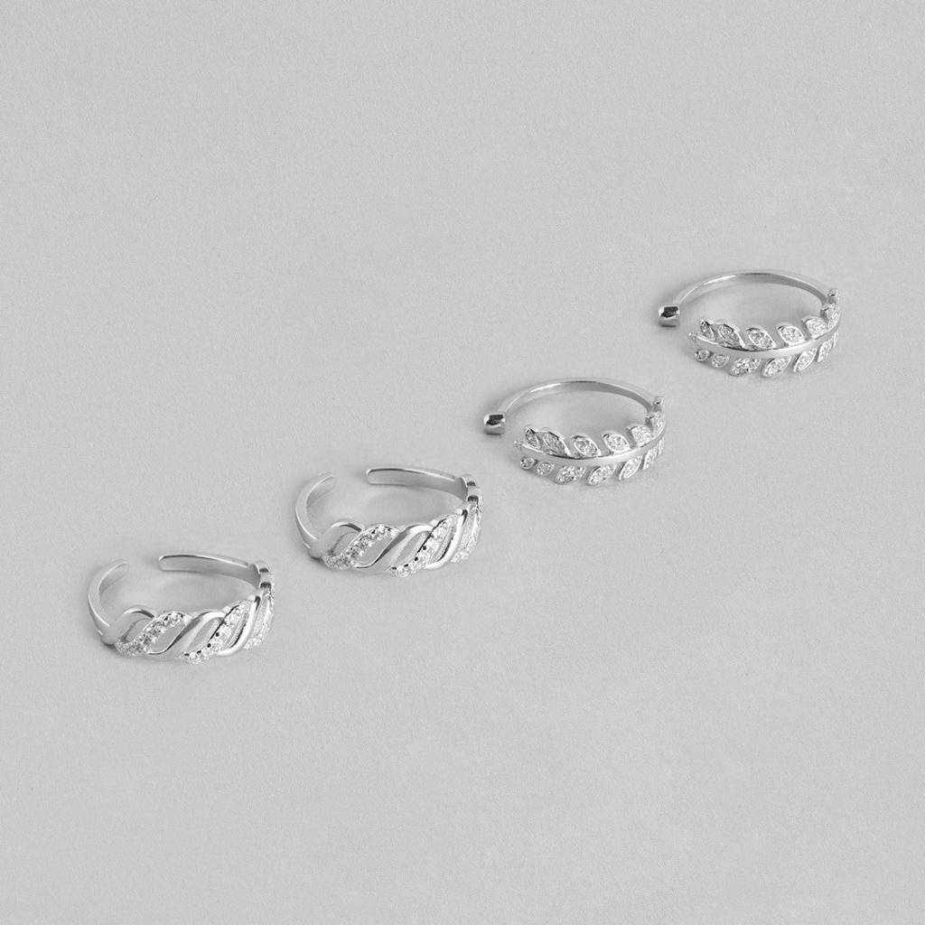 Leafy Waves Rhodium Plated 925 Silver Toe Ring Combo : CTOE-10004