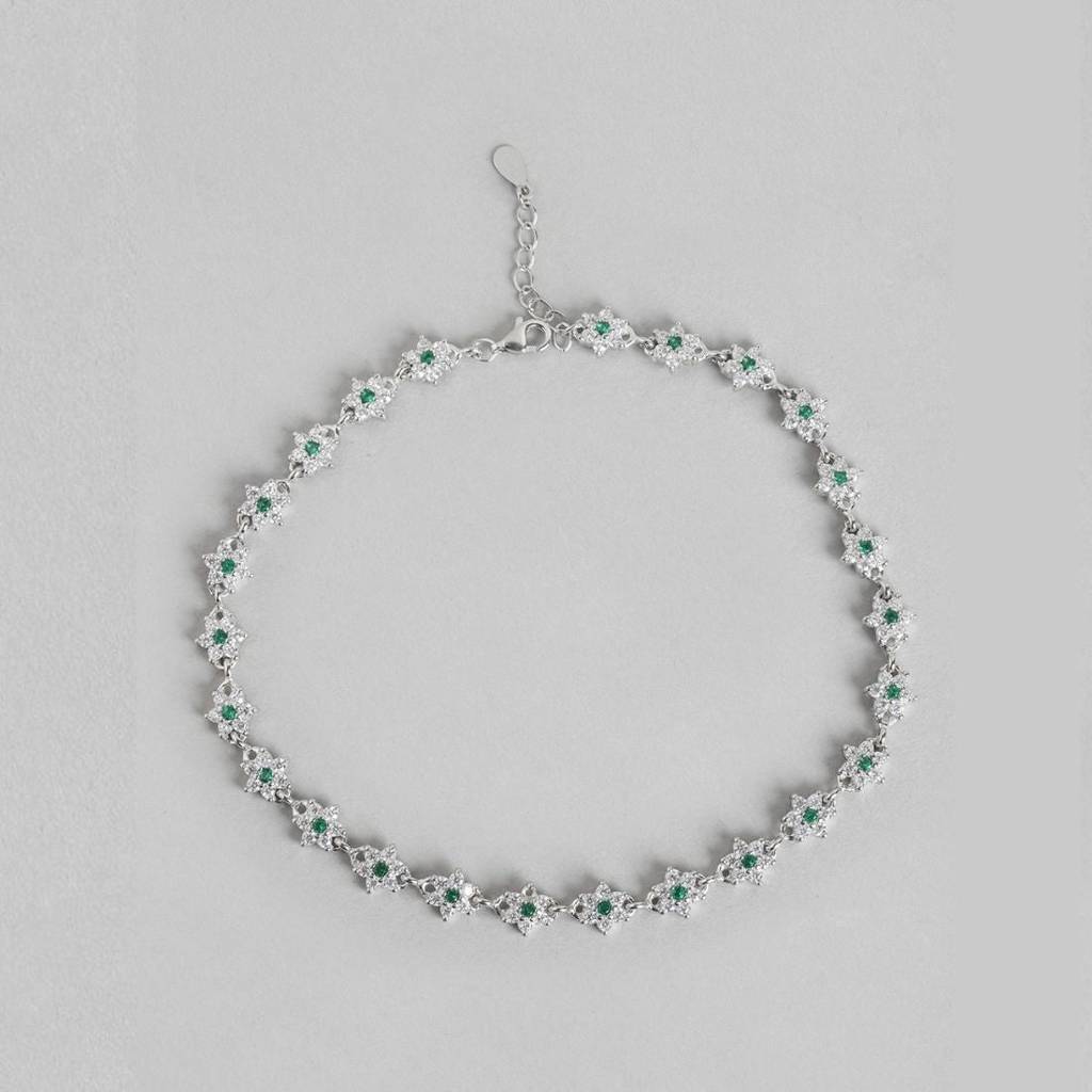 Floral Green Cz Rhodium Plated 925 Sterling Silver Anklet : ANK-60332-PAIR-R