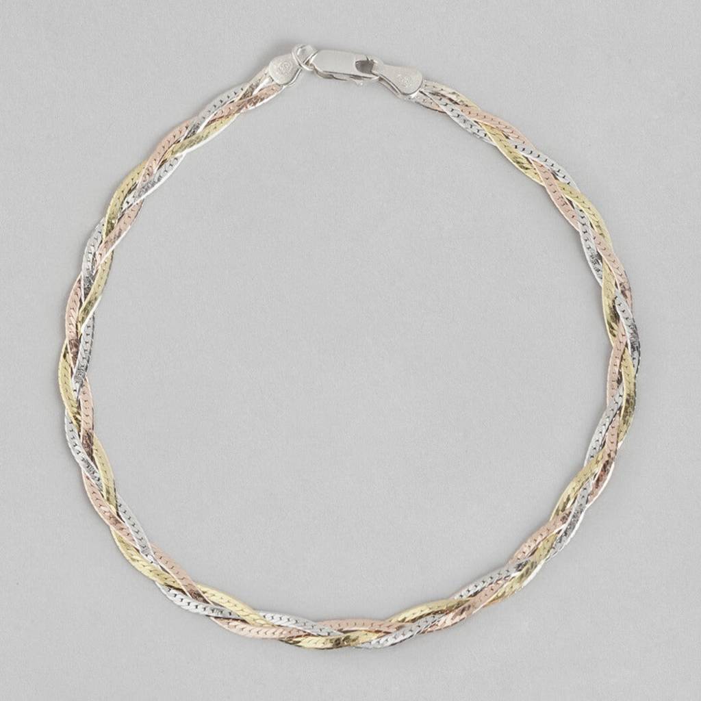 Triple Tone Braided 925 Silver Anklet : ANK-60049-PAIR
