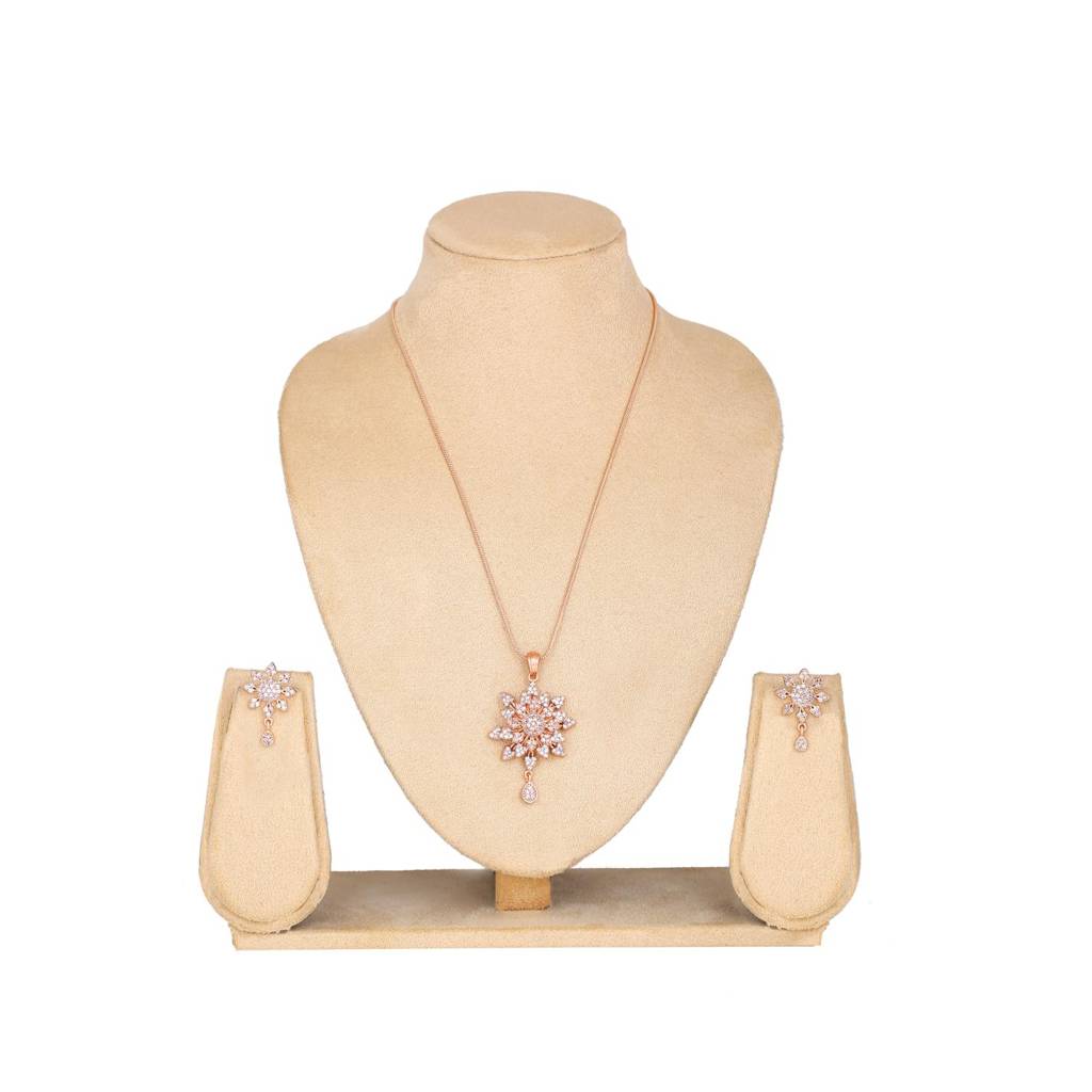Estele Rose Gold Plated Cz Floral Designer Pendant Set With White Stones For Girls And Women