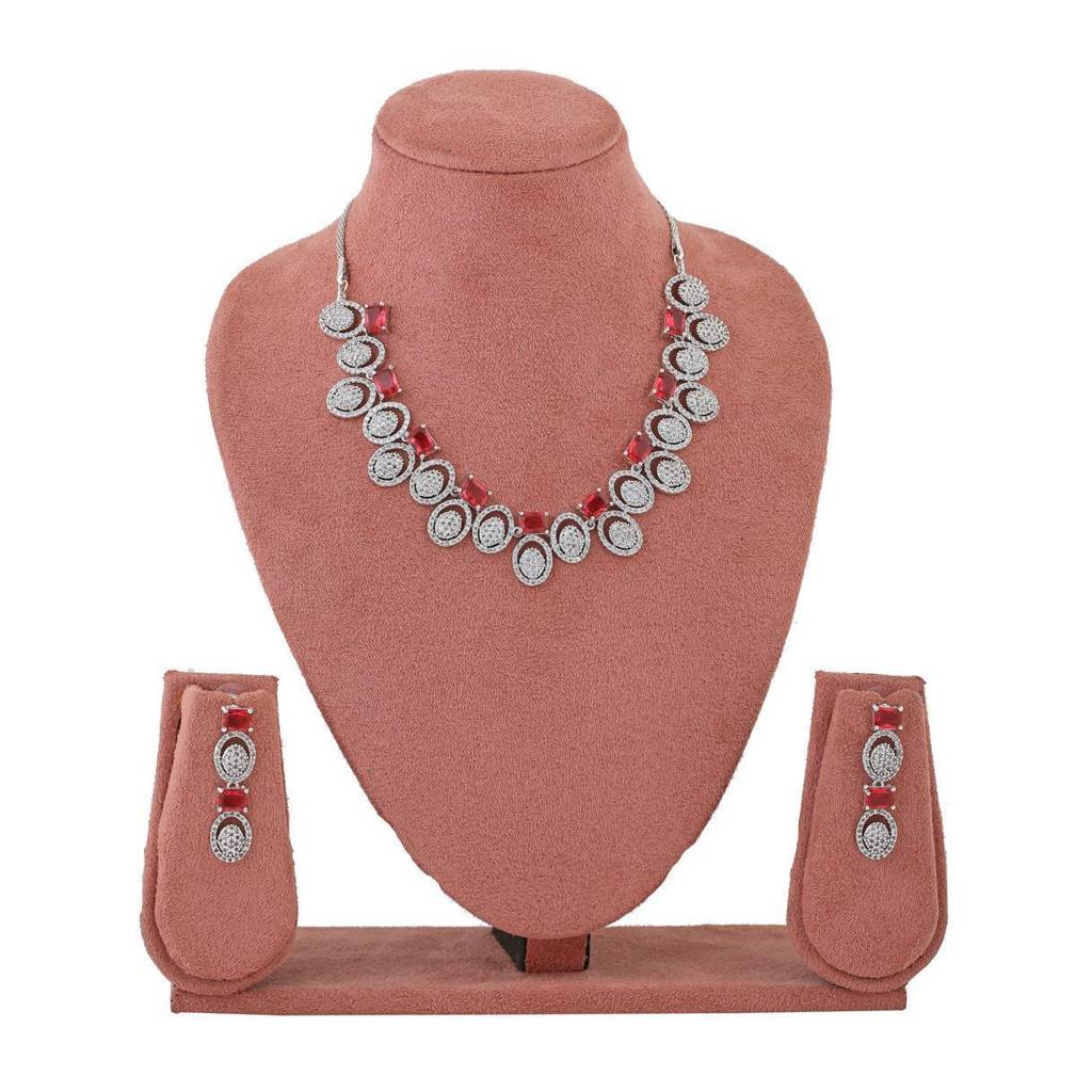 Estele Rhodium Plated Cz Circular Designer Necklace Set With Pink Crystals For Women