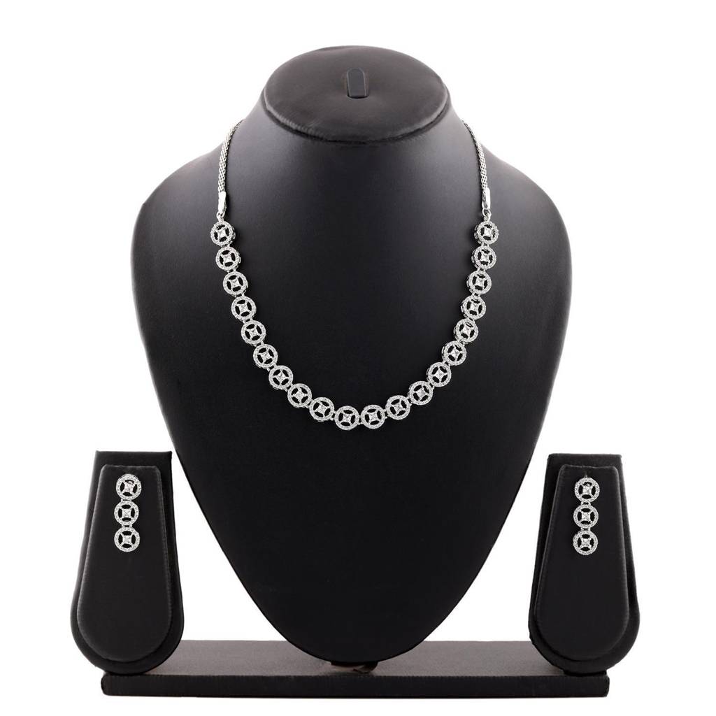 Estele Rhodium Plated Cz Rotating Glitter Necklace Set For Women