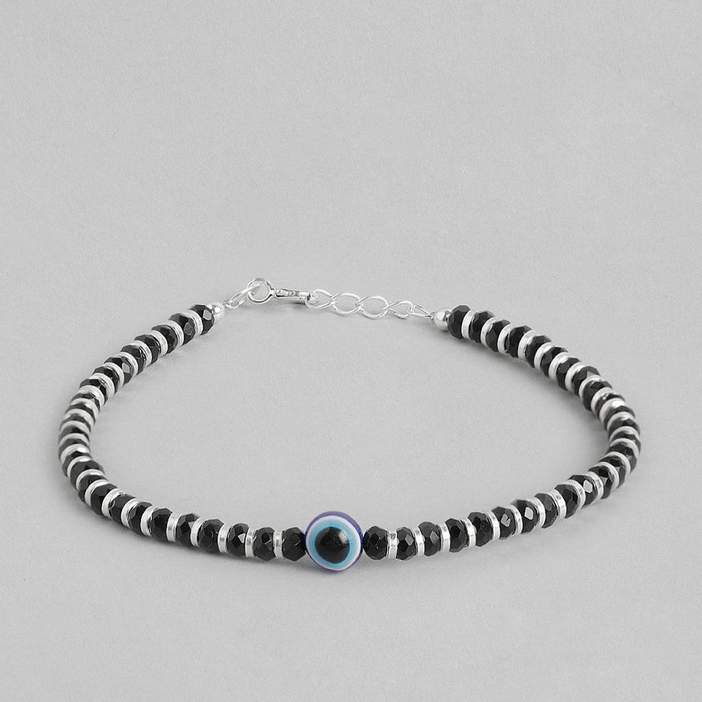 Black Beads With Evil Eye 925 Silver Bold Bracelet In Silver Chain : BR-80062