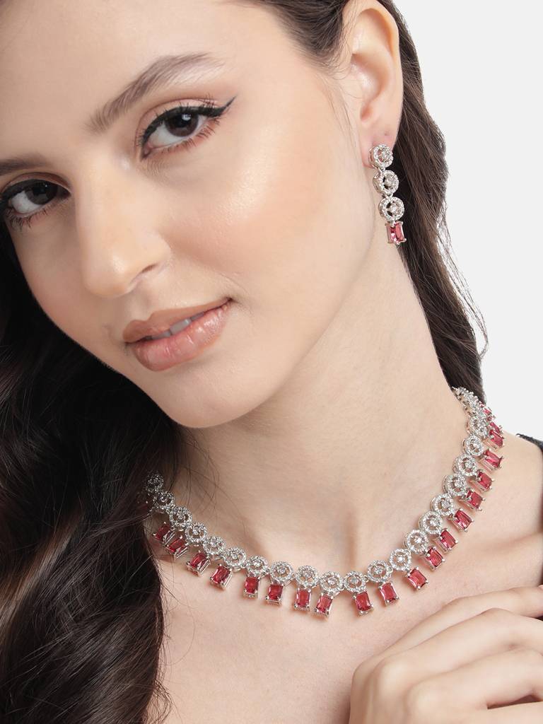 Silver Plated Square Ad Necklace Set : AD134RED