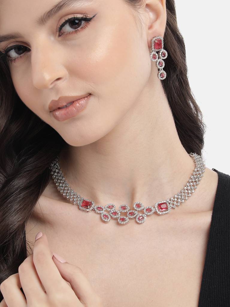 Ad Studded Leaf Necklace Setâ : AD135RED