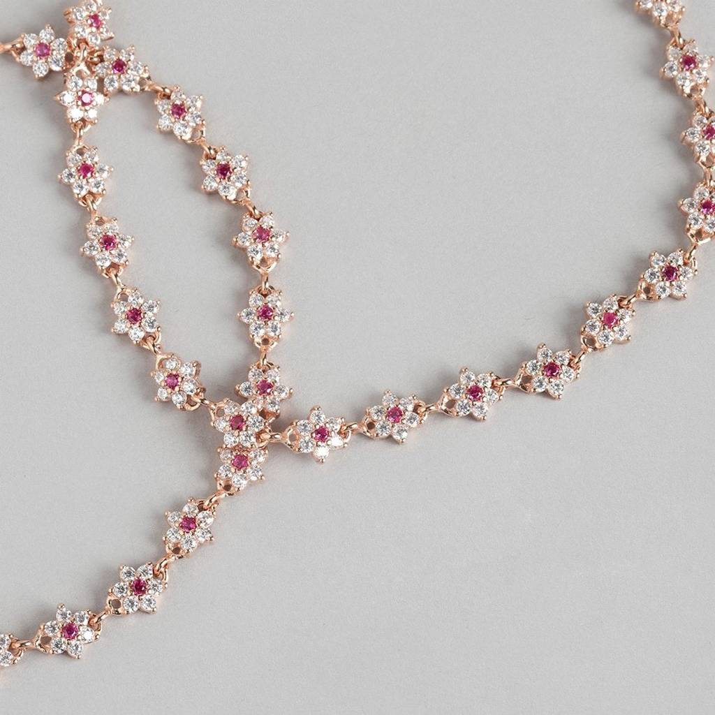 Floral Cubic Zirconia Rose Gold Plated 925 Sterling Silver Women'S Anklet : ANK-60331-PAIR-RG