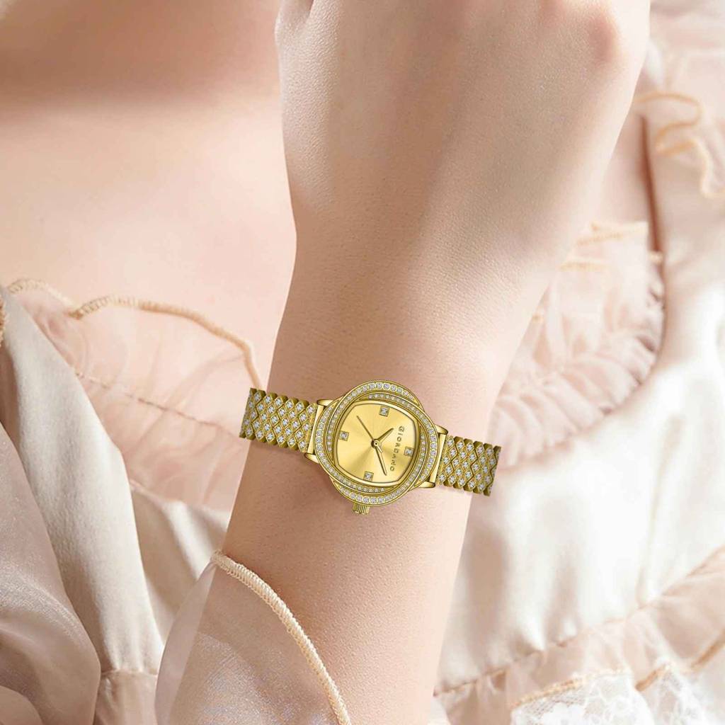 Giordano Luxury Crystal Watch For Women, Stainless Steel Strap, Diamond-Studded Bezel, Elegant Dress Timepiece : GZ-60120-22