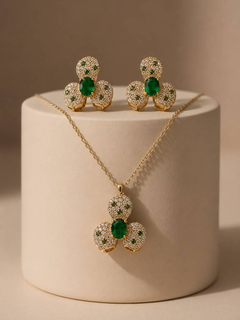 Emeralda Floral Set | 18K Gold Plated Necklace & Earrings With Pavé Cz Stones : SET949ESFS