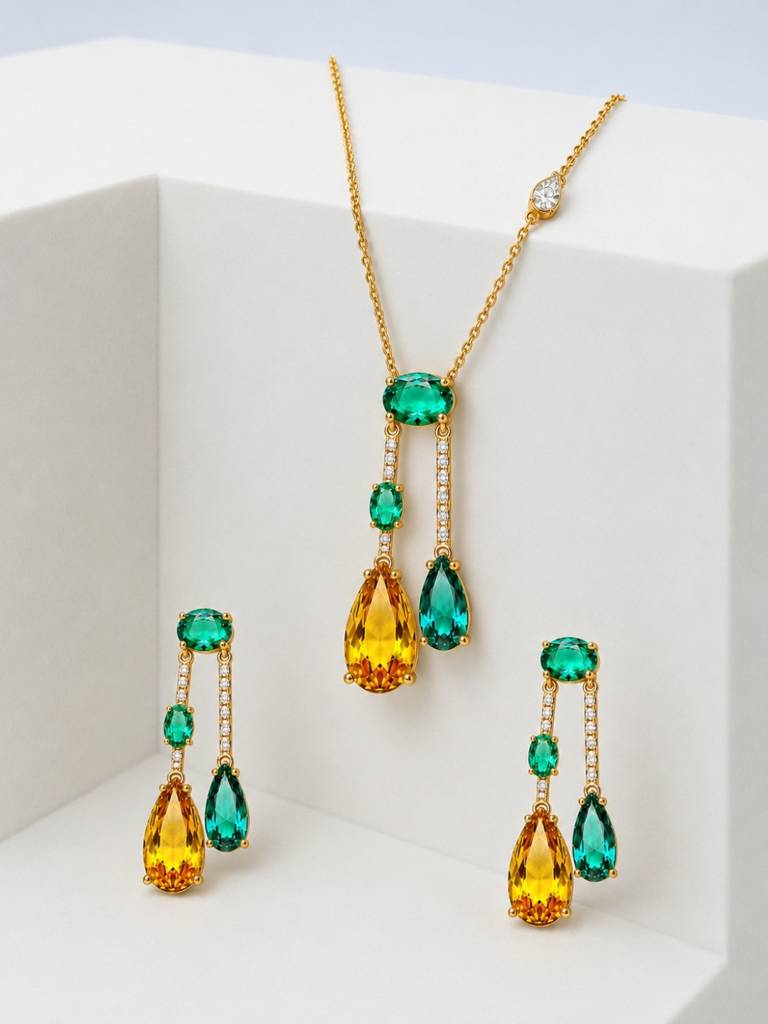 Vendemmia Emerald & Citrine Cascade Necklace & Earring Set, 18K Gold-Plated : SET961ESDS