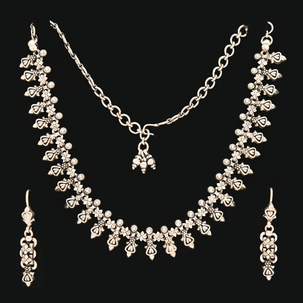 925 Pure Silver Antique Necklace & Earring Set | Silver Minimal Jewelry : NL1019A
