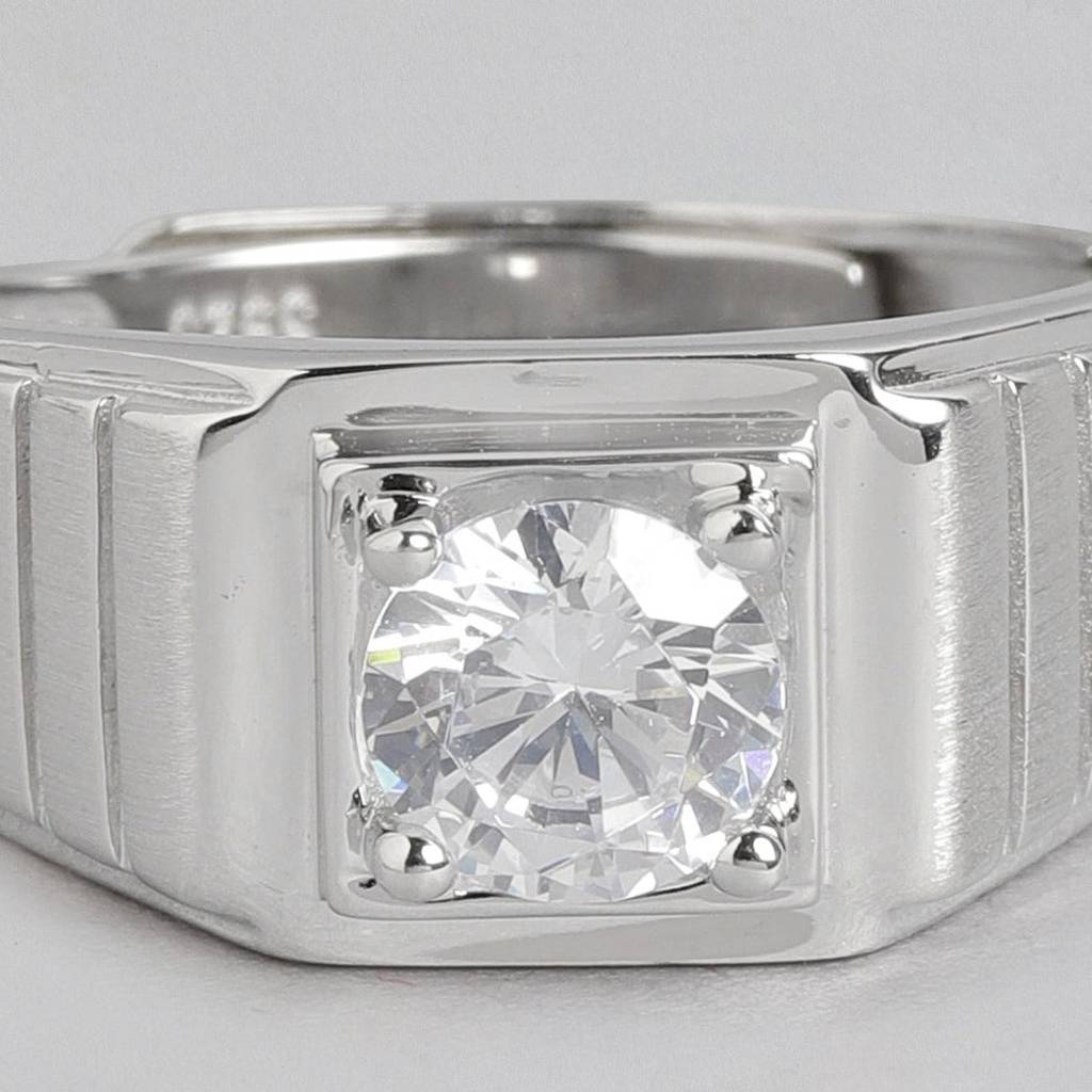 Cz Studded Solitaire 925 Sterling Silver Ring For Him (Adjustable) : RNG-40075