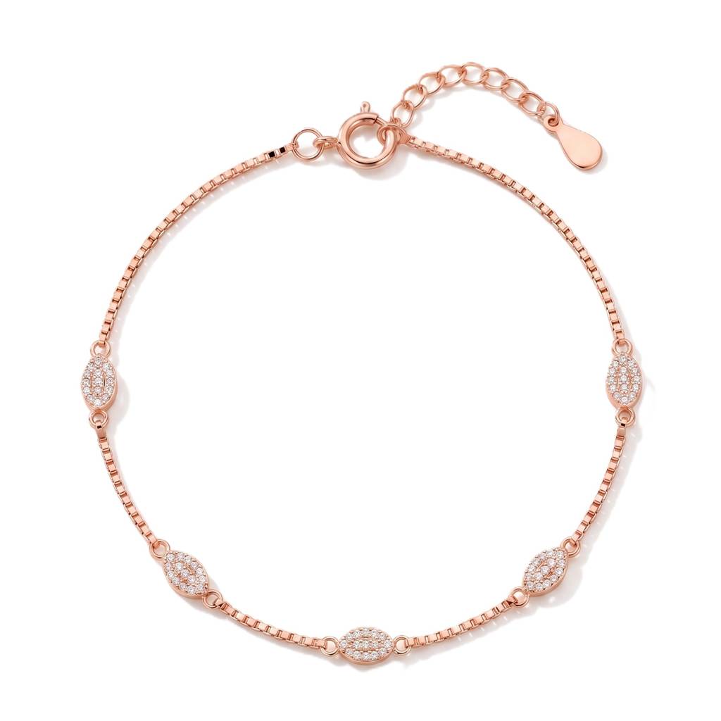Premium Minimalist Rose Gold Pave Oval Station Anklet On Delicate Box Chain : AK1142