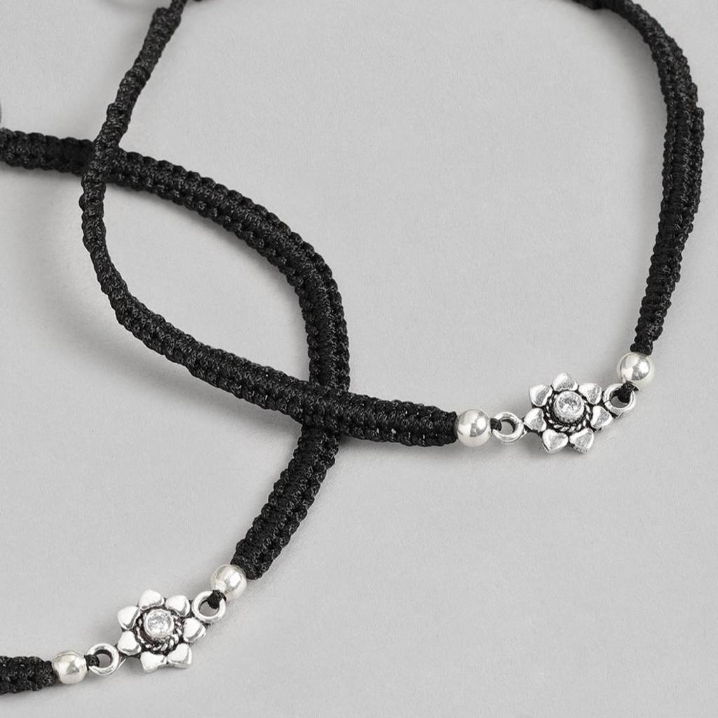 Black Thread Flower 925 Sterling Silver Anklet : ANK-60106-PAIR