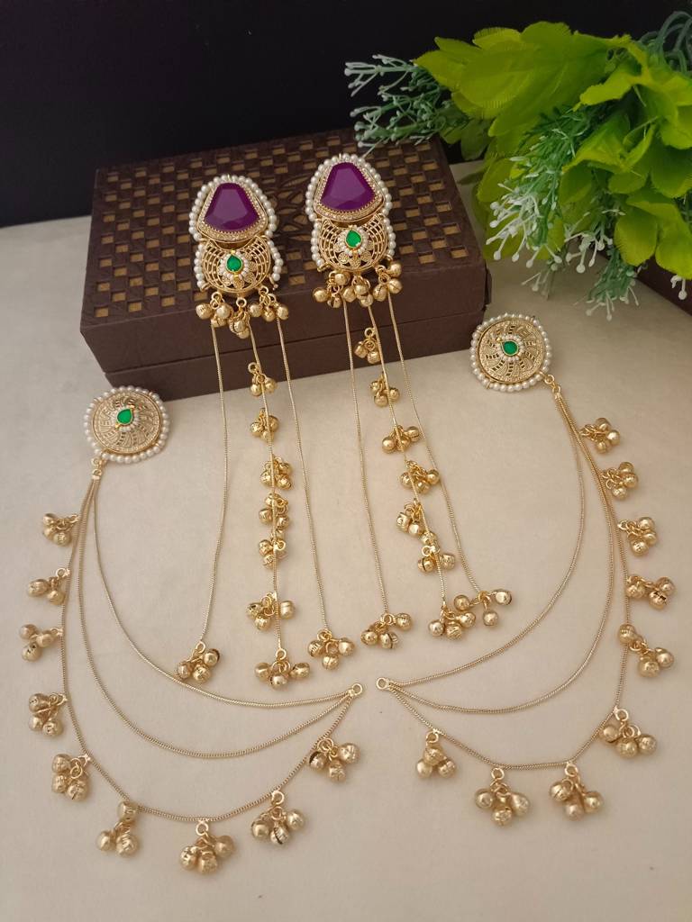 Brass-Plated Kundan Studded & Ghungroo Beaded Kashmiri Earrings With Earchains : VS105353