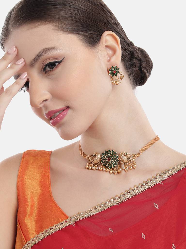 Â Gold Plated Floral Choker With Earrings Set : SATJS335GREEN