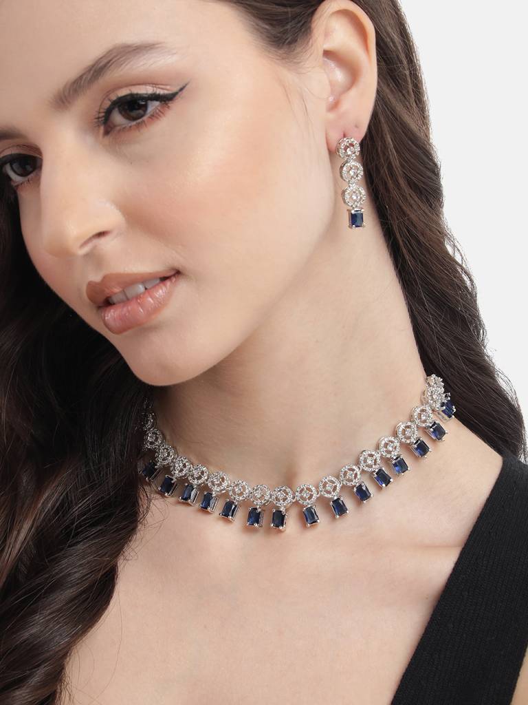 Silver Plated Square Ad Necklace Set : AD134BLUE