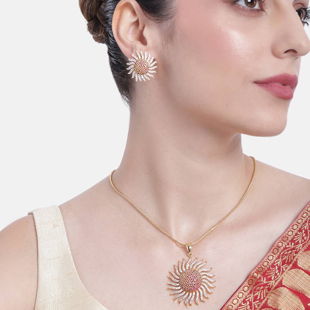 Estele Gold & Rhodium Plated Sunshine Designer Pendant Necklace Set With Red American Diamonds For Girls & Women : AD-233NKER