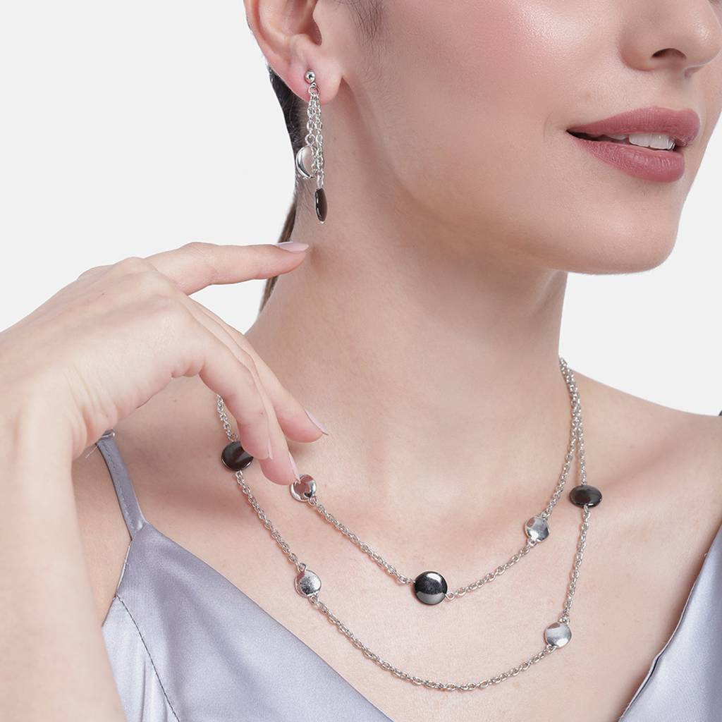 Estele Rhodium Plated Coin Designer Layered Necklace Set For Women : 10164-IRBNNKER