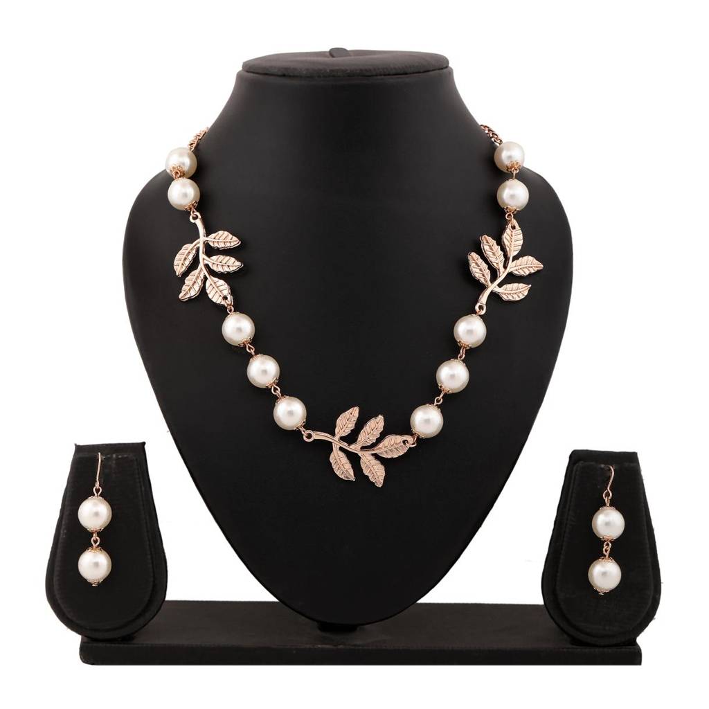Estele Rose Gold Plated Leaf Designer Necklace Set With Pearls For Women