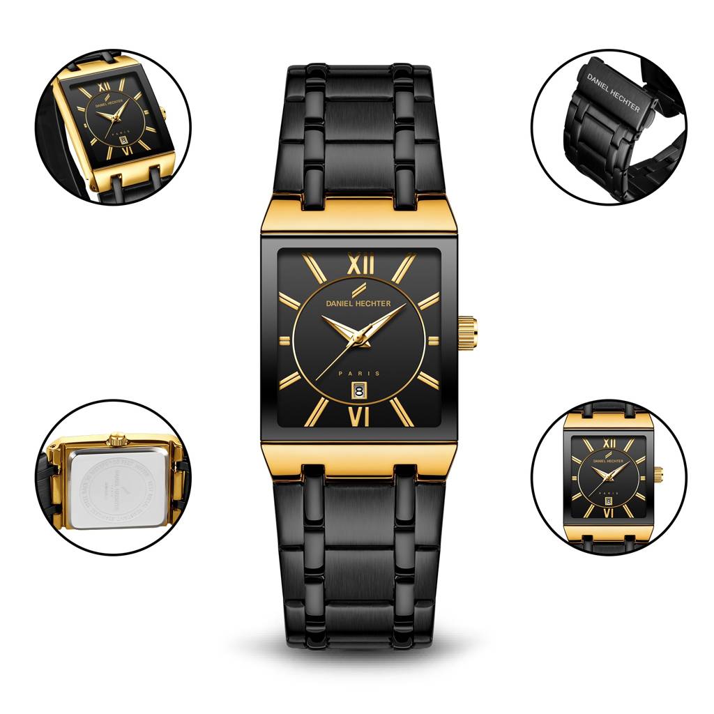 Daniel Hechter Paris Gallieni Collection Vintage Analog Watch For Men - Rectangular Dial With Roman Numerals, Dat : DHM1029-11