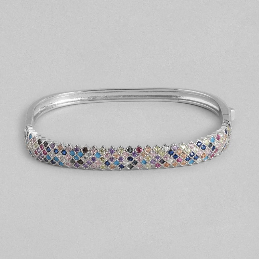Radiant Elegance Coloured Cz Rhodium-Plated 925 Sterling Silver Kada Bracelet : BR-80334-R