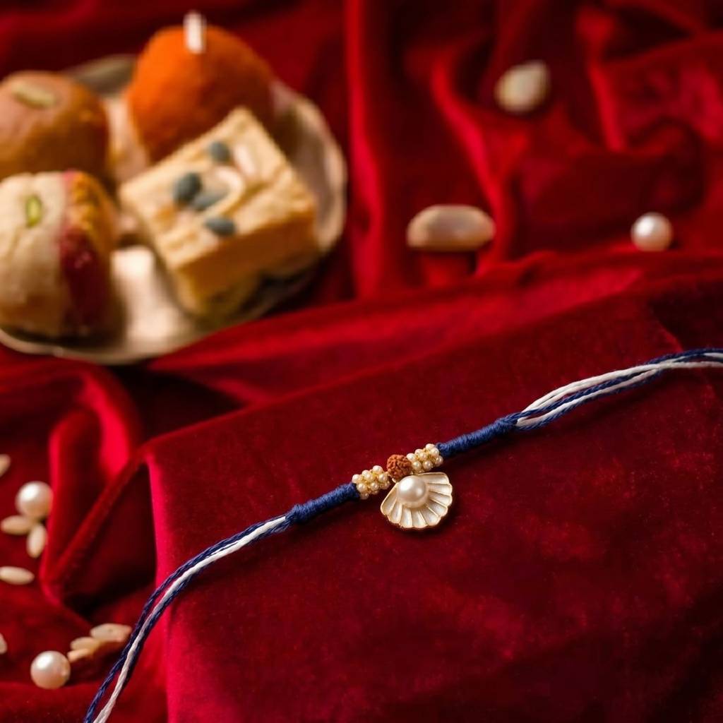 Pearl Seashell Rudraksha Rakhi For Brother | Handmade Designer Rakhi With Seashell Pearl Charm & Rudraksha | Raksh : RAKHI_039