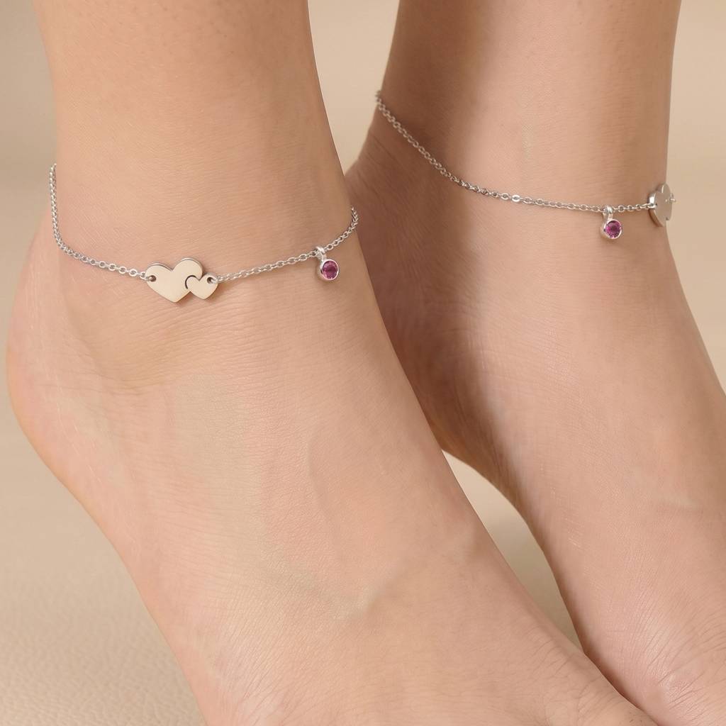 The Amour Bond Double Heart & Amethyst-Hued Silver Anklet : AK1137