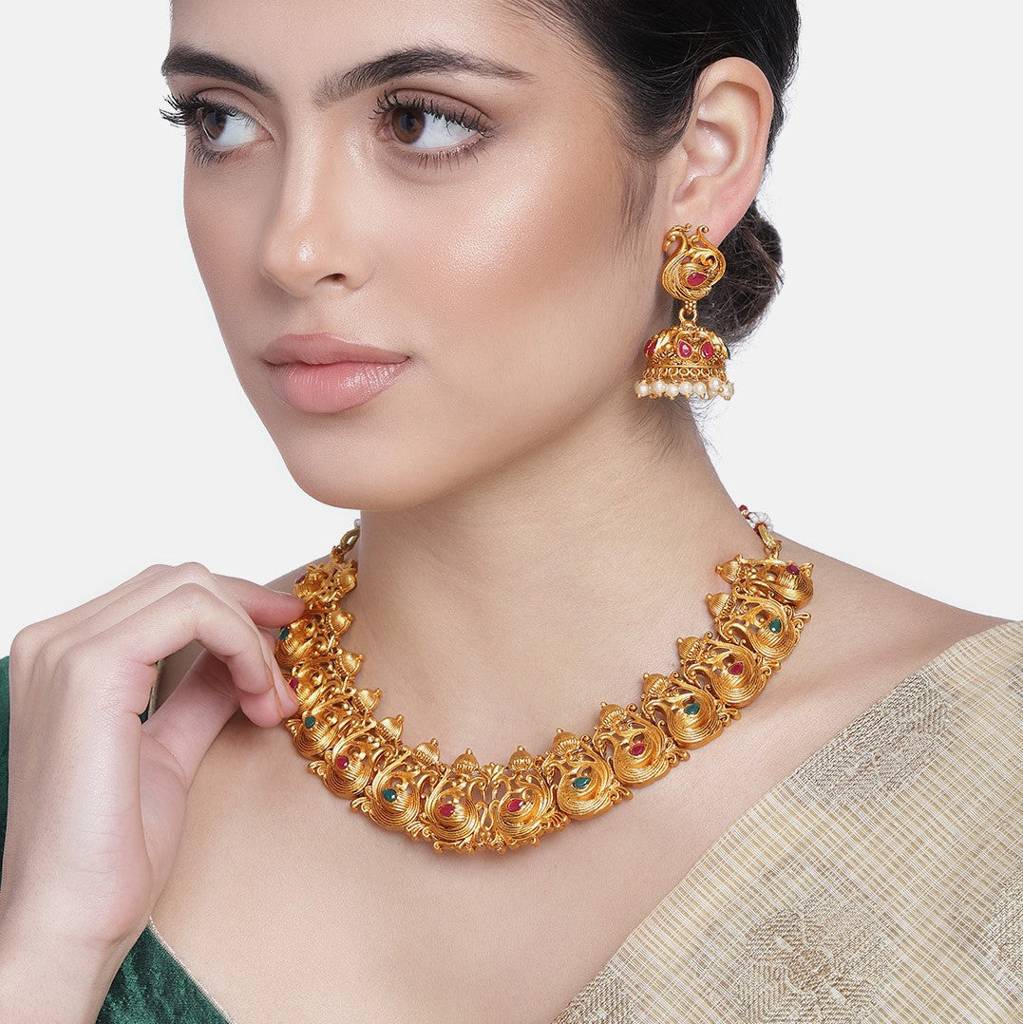 Estele Gold Plated Holy Swan Nakshi Temple Necklace Set With Crystals And Pearls For Women : OS-HR11-MEHNKER