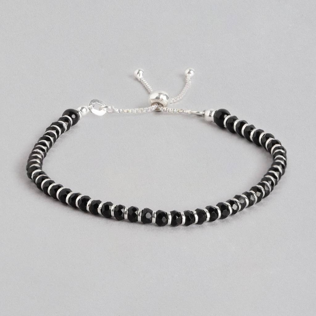 Classy Black Beaded 925 Sterling Silver Bracelet : BR-80124