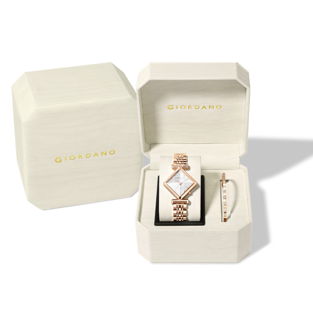 Giordano Rose Gold Analog Watch For Women With Bracelet Set – Diamond-Shaped Shimmer Dial, Crystal Detailing & S : GZ-60106-11