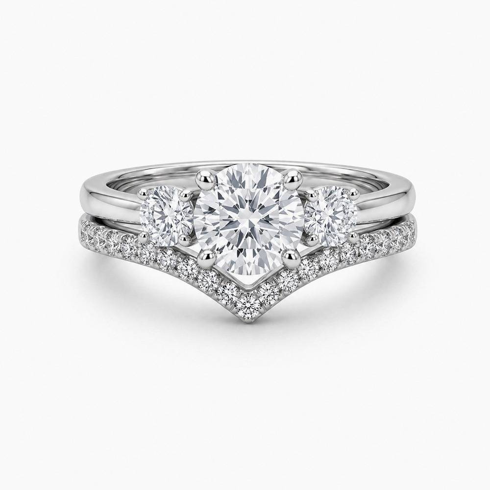 Three-Stone Solitaire & Chevron Pavé Ring Set (925 Silver) : SR007