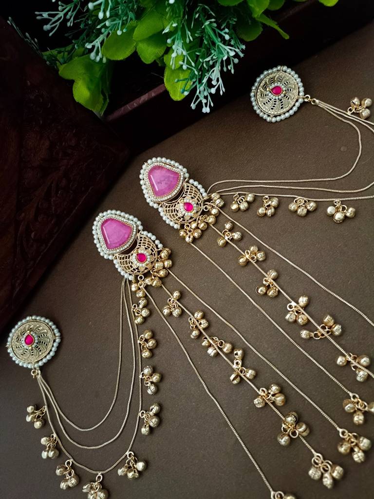Brass-Plated Kundan Studded & Ghungroo Beaded Kashmiri Earrings With Earchains : VS105344